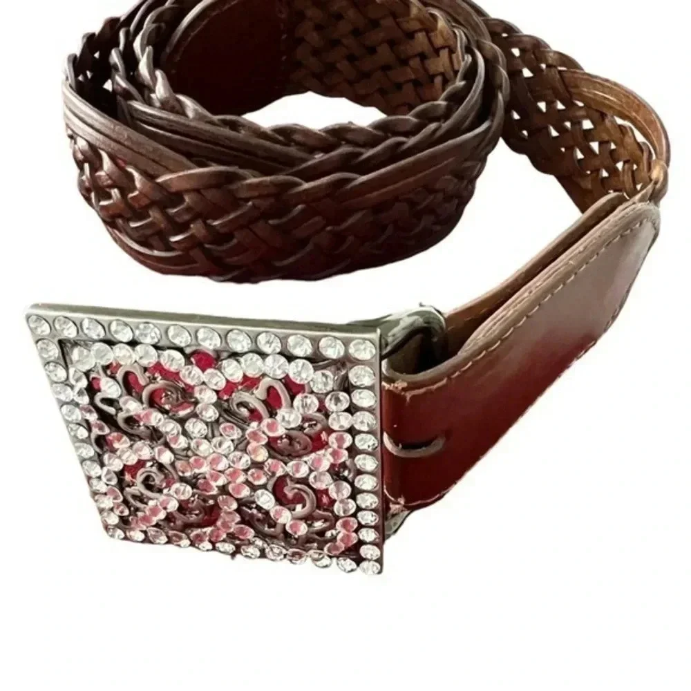 Rhinestone Buckle Adjustable Brown Woven‎ Leather Belt M